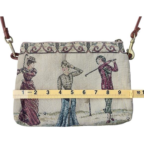 Vintage Tapestry Shoulder Bag with Victorian Golfers Scene & Brown Strap - Picture 8 of 11